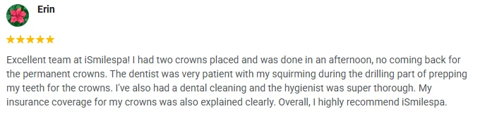 A 5-star Google review of iSmilespa praising the excellent team