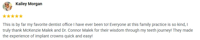 A 5-star Google review praising the quick and easy implant crowns process