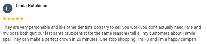A 5-star Google review of iSmilespa praising the personable dentists and staff